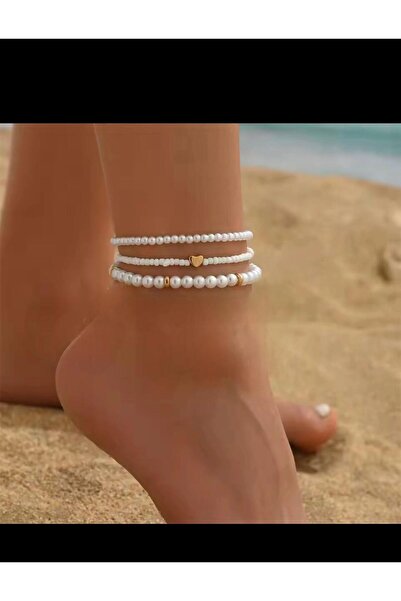 Arescollection 3-Piece Rubber Fishing Line Anklet with Pearls and Hearts, Ele...