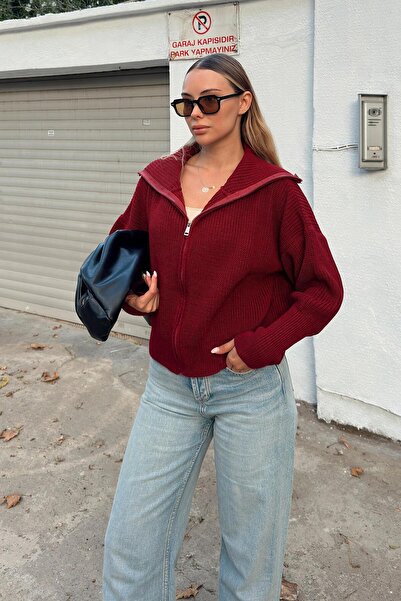 Swist Burgundy Yulia Zippered Collar Women's Knitwear Crop Cardigan