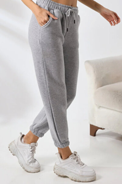 EydaMoon Γυναικείο γκρι άνετο χειμερινό βαμβακερό παντελόνι με ελαστικό κάτω μέρος - Γκρι