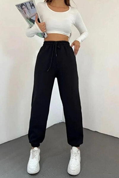 EydaMoon Pantaloni de sport negri din bumbac pentru femei, cu elastic la pici...