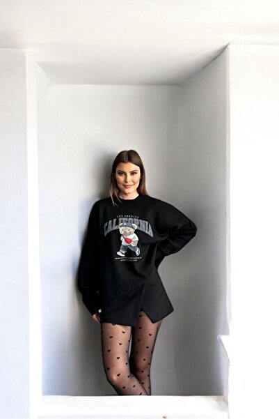 ebru akten butik Γυναικείο πλεκτό πουλόβερ με μαύρο εμπριμέ λαιμόκοψη