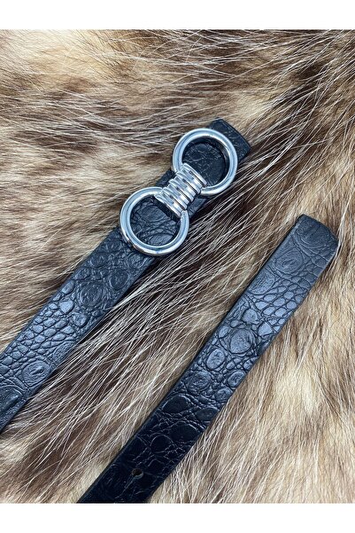 ASLIHAN KEMER حزام خصر نسائي أسود منقوش بنمط كراكو دائري مزدوج فضي