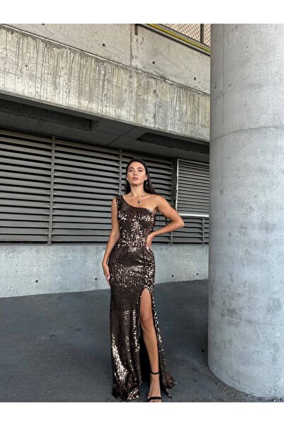 WoolnClyde Women's Velvet Fabric One Shoulder Slit Back Detail Lined Sequin Maxi Evening Dress