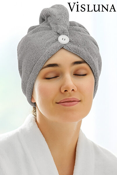 VİSLUNA (1 Piece) Gray Color Microfiber Hair Towel, Hair Cap, Quick Drying