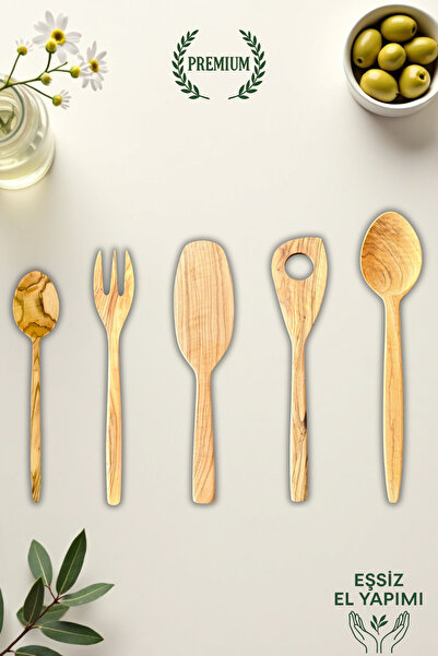 Ulgenex 5'li Zeytin Ağacı Tahta Kaşık Seti, Spatula, Kaşık, Çatal – Doğal El ...