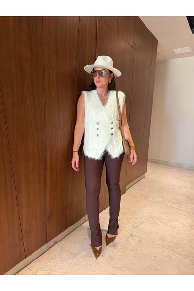 begum mayda Bir Beden İncelten , Paçası Yırtmaçlı , Acı Kahve , Tayt Pantolon