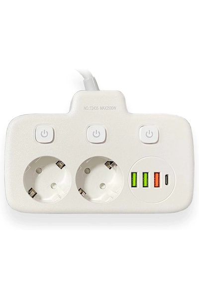 Skygo Akım Korumalı 2’li Ayrı Anahtarlı Priz, 2x Priz, 3x Usb, 1x Type-c, 2 Mt Kablo, Hızlı Şarj