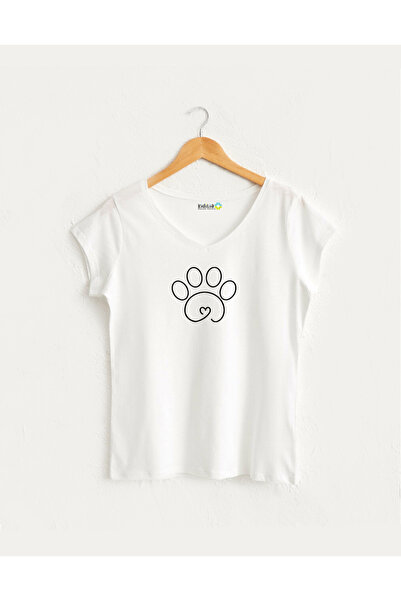 Kidilia Women's V-Neck 100% Cotton Design T-Shirt with Linear Dog Image