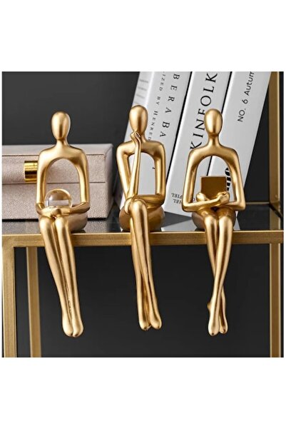 OEM Set 3 siluete decorative: gânditor, cititor și glob, din rășină, 23cm, auriu