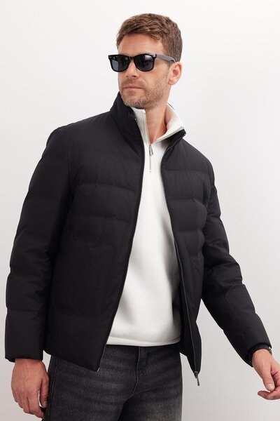 Tudors Erkek Regular Fit Normal Kesim Kaz Tüyü Çift Cepli Fermuarlı Siyah Mont