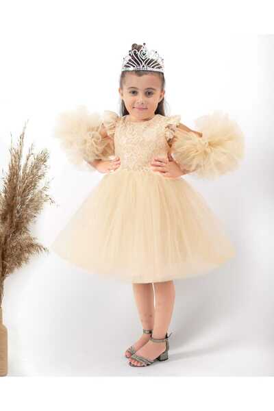 Şenkız Girl's Pompom Sleeve Wedding Party Birthday April 23 May 19 October 29 Show Dress