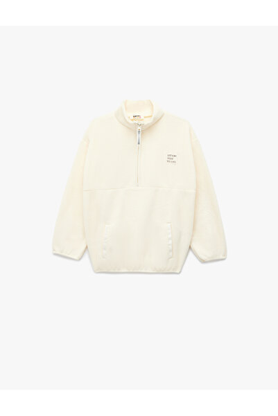 Koton Long Sleeve Pocket Detailed Printed Half Zipper Fleece Sweatshirt
