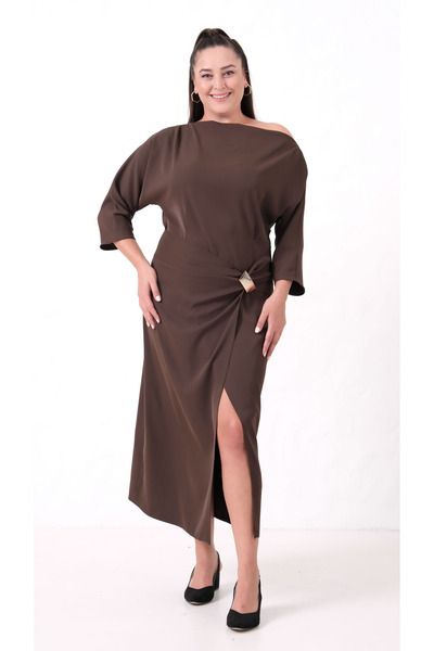Lafaba Women's Brown Accessory Detail Midi Event Dress