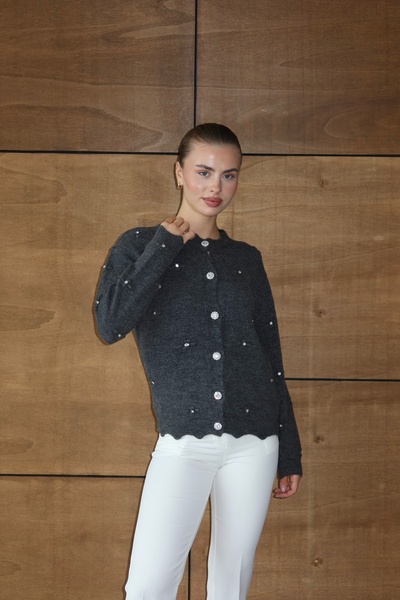NATUFIAN STORE Women's Full Stone Detailed Collar Patterned Soft Knit Cardigan