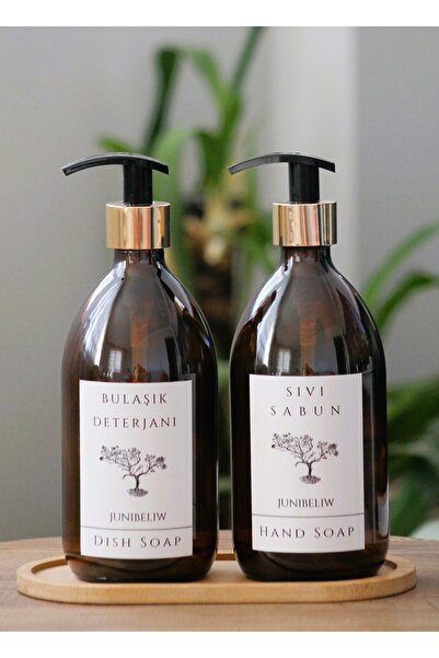 junibeliw 3lü Set GOLD Beyaz Etiket Boş Amber Cam Şişe Bulaşık Deterjanlık Sı...