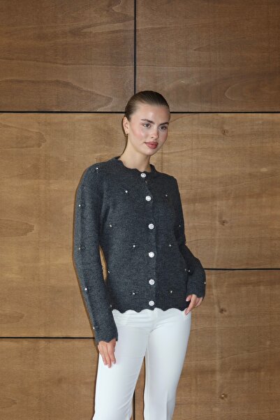 NATUFIAN STORE Women's Full Stone Detailed Collar Patterned Soft Knit Cardigan