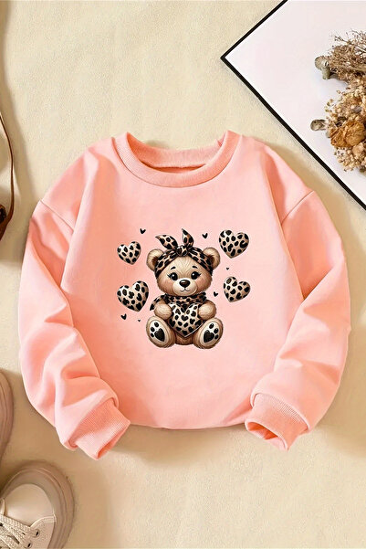 MYADA Heart Leopard Teddy Bear Printed 3 Thread Premium Crew Neck Sweatshirt 24500