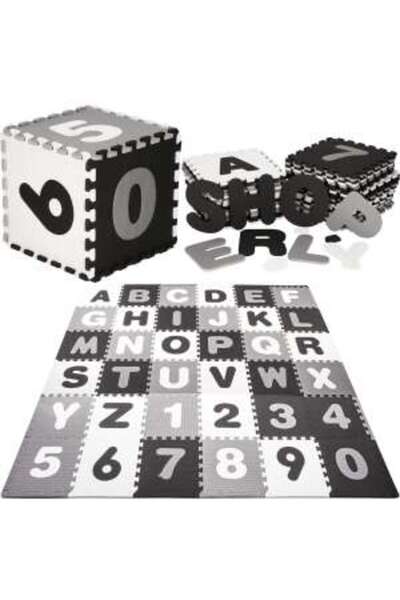 Springos Foam Mat for Kids, EVA Gray and Black, Alphabet and Numbers, 172x172x1cm