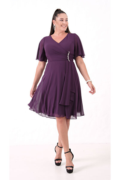 Lafaba Γυναικείο βραδινό φόρεμα από σιφόν με λαιμόκοψη σε σχήμα V, με πέτρες, μεγάλο μέγεθος