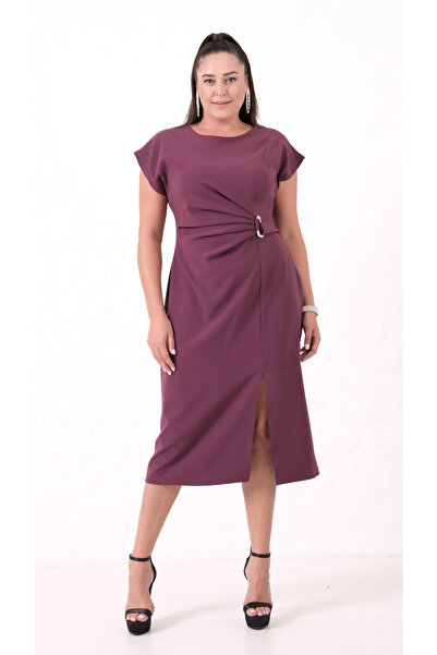 Lafaba Γυναικείο φόρεμα μίντι με λεπτομέρεια αξεσουάρ με λαιμόκοψη σε χρώμα μούρο