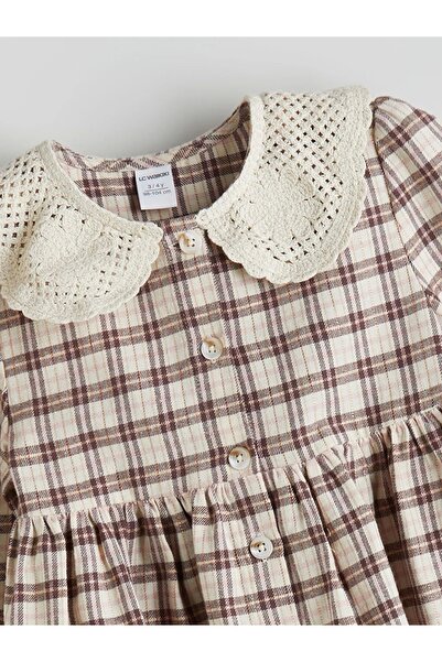 LC Waikiki Kids Bej Bebe Yaka Ekose Desen Flanel Pamuklu Kız Çocuk Elbise