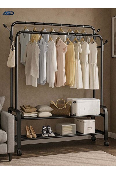 AGD Metal Clothes Organizer & Rack with Wheels, 2 Bottom Shelves, 110x57x150 cm