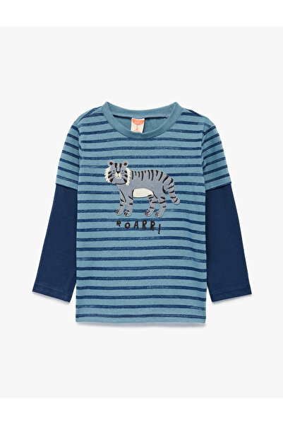 Koton Μπλουζάκι με μακρύ μανίκι από βαμβακερό λαιμόκοψη με κέντημα με ζώα