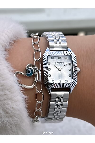 Chaperone Women's Wristwatch, Gray Crystal Stone, Steel Band, 2 Years Warranty, Bracelet Gift
