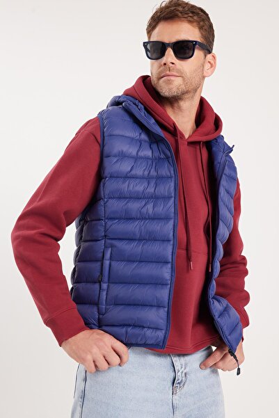 Tudors Men's Relax Fit Comfortable Cut Zero Sleeve Hooded Double Pocket Zippered Blue Puffer Vest