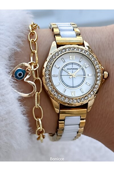 Chaperone kadın Kol Saati, Sarı Kristal Taşlı ,Sarı Beyaz Renk Çelik Kordon 2...