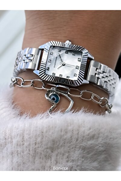 Chaperone Women's Wristwatch, Gray Crystal Stone, Steel Band, 2 Years Warranty, Bracelet Gift