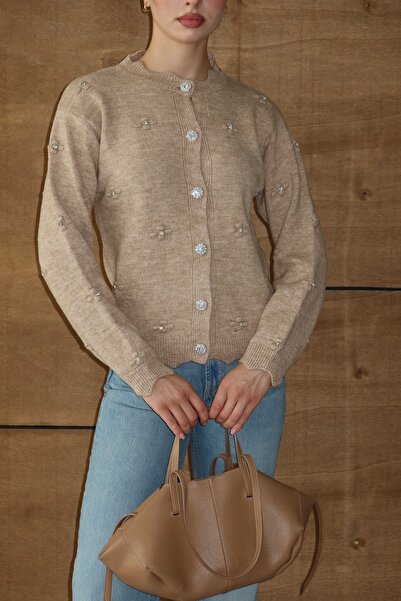 NATUFIAN STORE Women's Full Stone Detailed Collar Patterned Soft Knit Cardigan