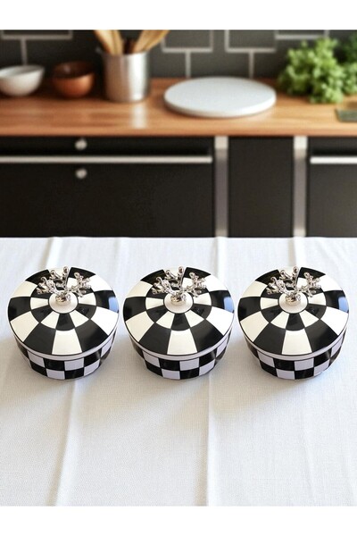 ferayhome Kitchen Accessory 3-Piece Breakfast Storage Container Spice Rack Sugar Bowl Black Checkered Silver - Feray Home