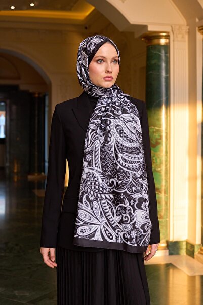 İpekhan Black and White Voile Silk Patterned Shawl - 9803-24