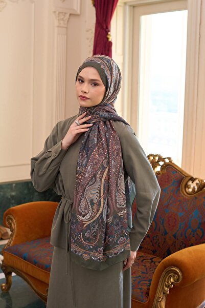 İpekhan Red Khaki Silk Patterned Voile Shawl - 9804-06