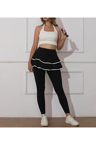 MAROVOAY Sports Skirt with White Piping Detail at the Hem and Leggings Underneath