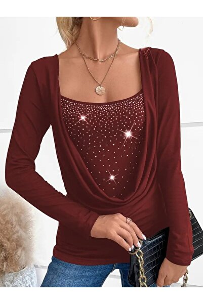 Masspera Kadın Uzun Kollu Derin Degaje Yaka Tasarım Taşlı Sandy Bluz