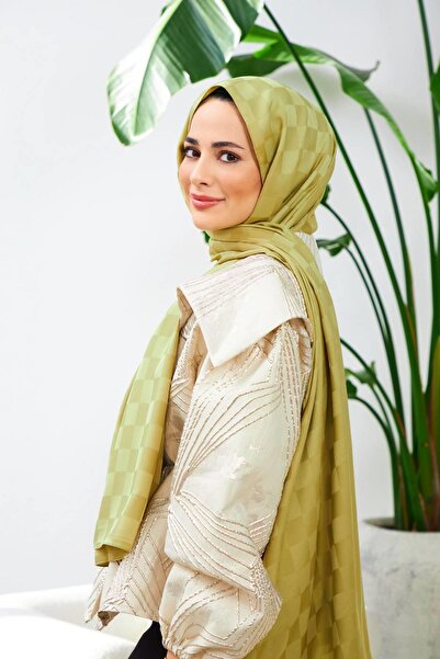 İpekhan New Checkerboard Pattern Silky Jacquard Shawl Khaki 9007-20