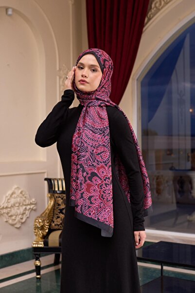 İpekhan Fuchsia Black Patterned Voile Silk Shawl - 9803-08