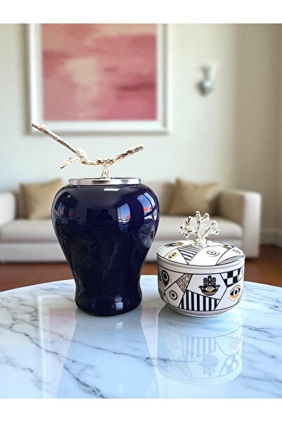 ferayhome Dekoratif Obje Lacivert Şah Küp Hamse Desenli Obje GÜMÜŞ - Feray Home