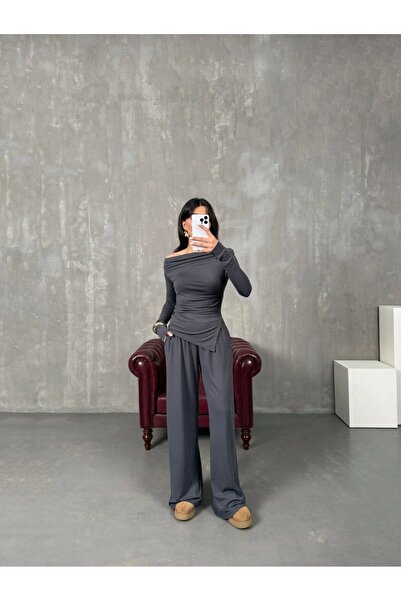 Lovely butik طقم بلوزة وبنطلون نسائي بتفاصيل على الكتف وشق جانبي وحزام للربط