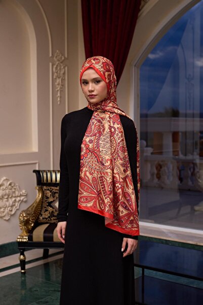 İpekhan Desenli Vual Şal Altın Turuncu Vual İpek Şal - 9803-01