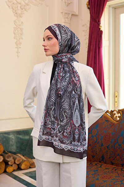 İpekhan Dark Plum Patterned Silk Voile Shawl - 9804-07