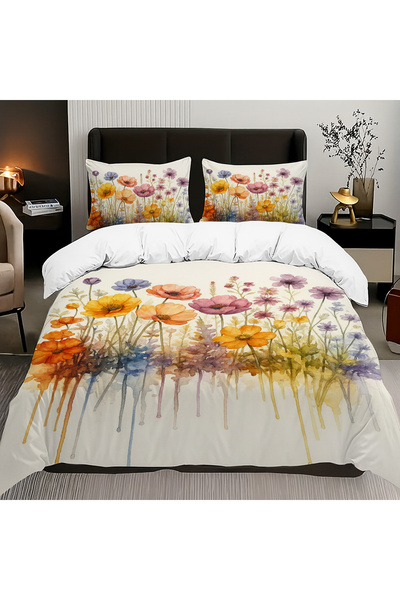 Else Dekor Σετ Παπλωματοθήκη Διπλό Σετ Παπλωματοθήκη 200x220cm με σχέδια ακουαρέλας λουλουδιών από βαμβακερό σατέν