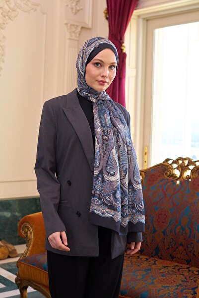 İpekhan Şal de mătase Voile cu model negru albastru - 9804-17