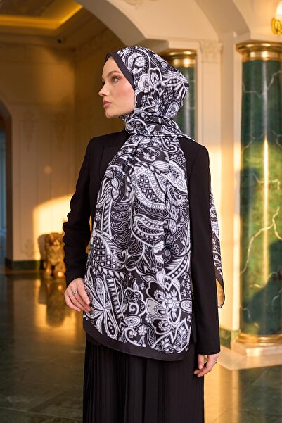 İpekhan Black and White Voile Silk Patterned Shawl - 9803-24