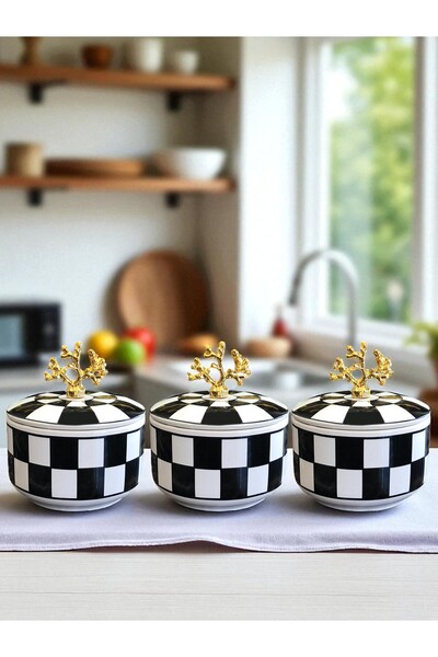ferayhome Kitchen Accessory 3-Piece Breakfast Storage Container Spice Rack Sugar Bowl Black Checkered Gold - Feray Home