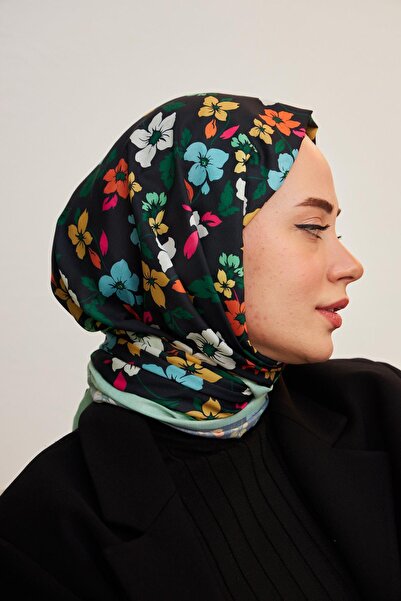 İpekhan Βαμβακερό σάλι Amelia με μοτίβο μαύρο τιρκουάζ - 3025-21