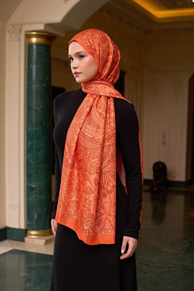 İpekhan Orange Silk Patterned Voile Shawl - 9803-29