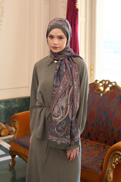 İpekhan Red Khaki Silk Patterned Voile Shawl - 9804-06